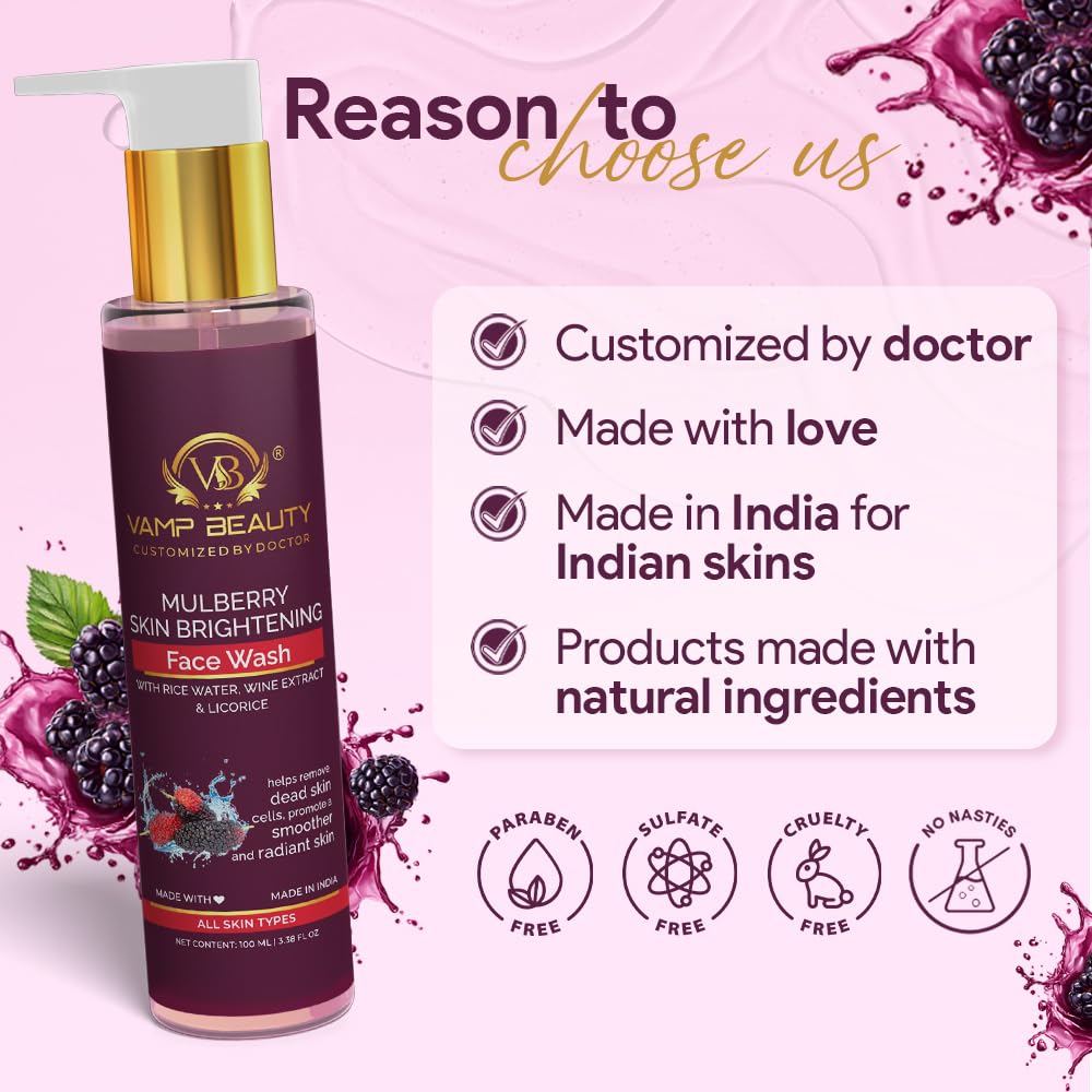 Vamp Beauty Mulberry & Rice Water Skin Brightening Face Wash | Natural Facewash for Dark Spot Removal, Uneven Skin Tone & Hydration | With Goodness of Licorice | Suitable for All Skin Types | 100ml