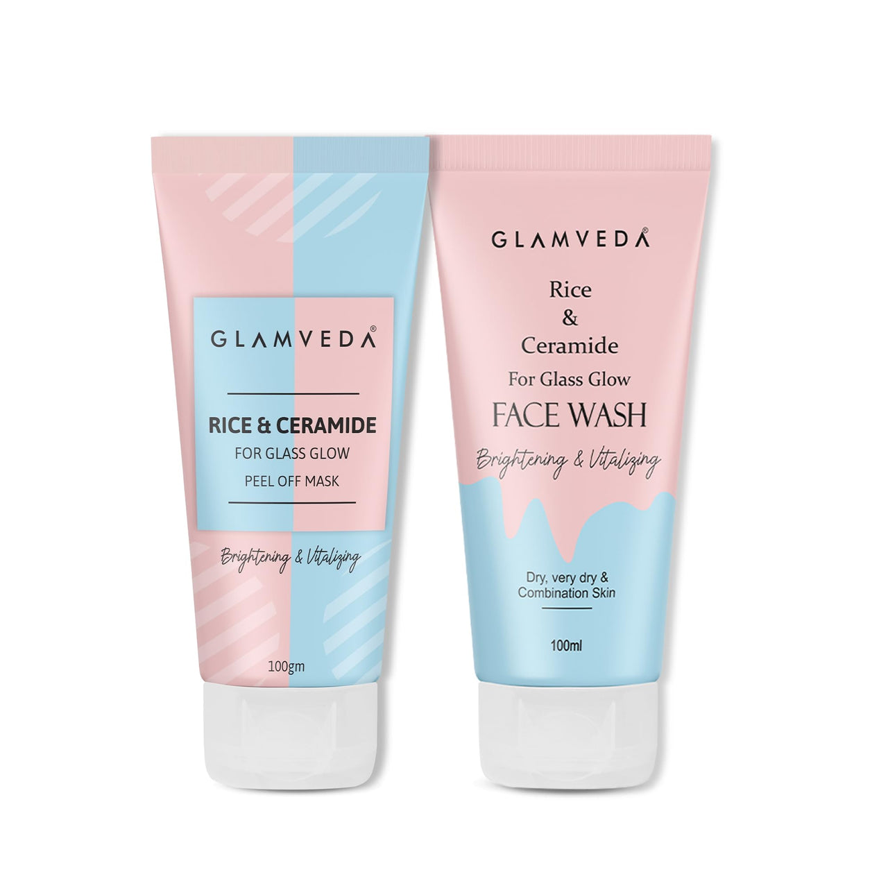 Glamveda Rice & Ceramide Combo | Skin Brightening & Anti Dullness | Improves skin barrier | Suitable For Dry to Combination Skin types | Face Wash & Peel Off Mask Combo