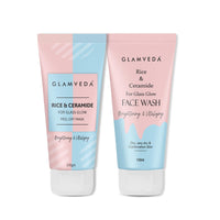 Glamveda Rice & Ceramide Combo | Skin Brightening & Anti Dullness | Improves skin barrier | Suitable For Dry to Combination Skin types | Face Wash & Peel Off Mask Combo