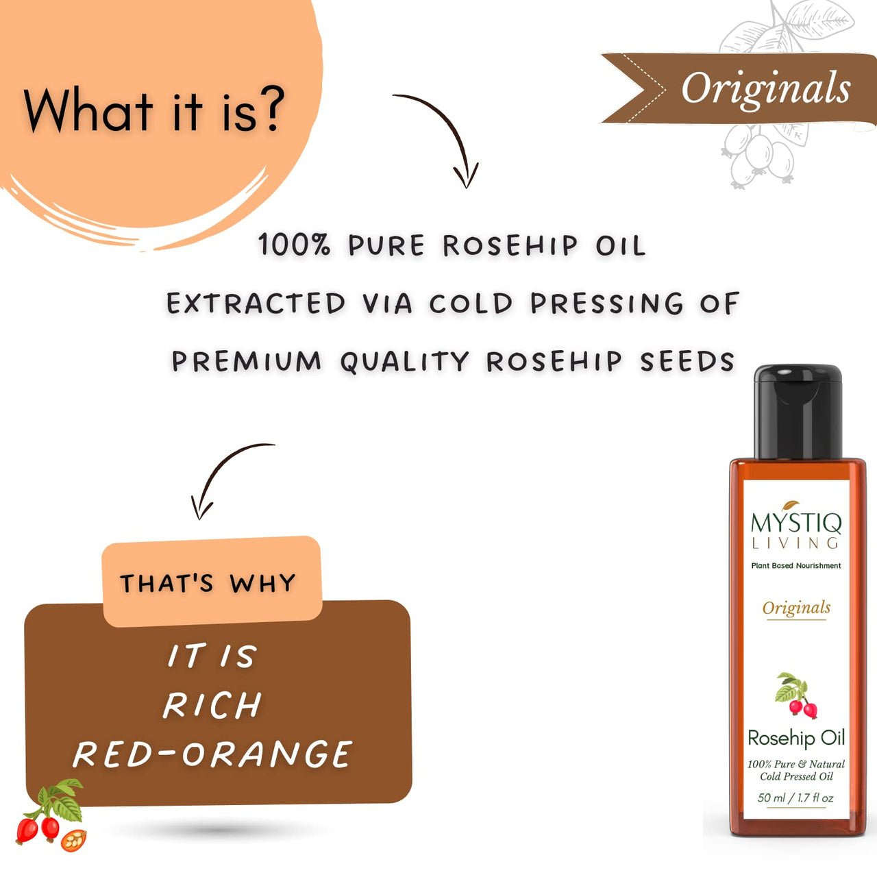 Mystiq Living Rosehip Oil for Skin and Face - 50 ML | Face Oil for Gua Sha Massage, Glowing Skin, Pure Rosehip Seed Oil Anti Aging, Fine Lines, Acne Scars, Under Eye, Anti Pigmentation | 100% Pure & Natural, Cold Pressed