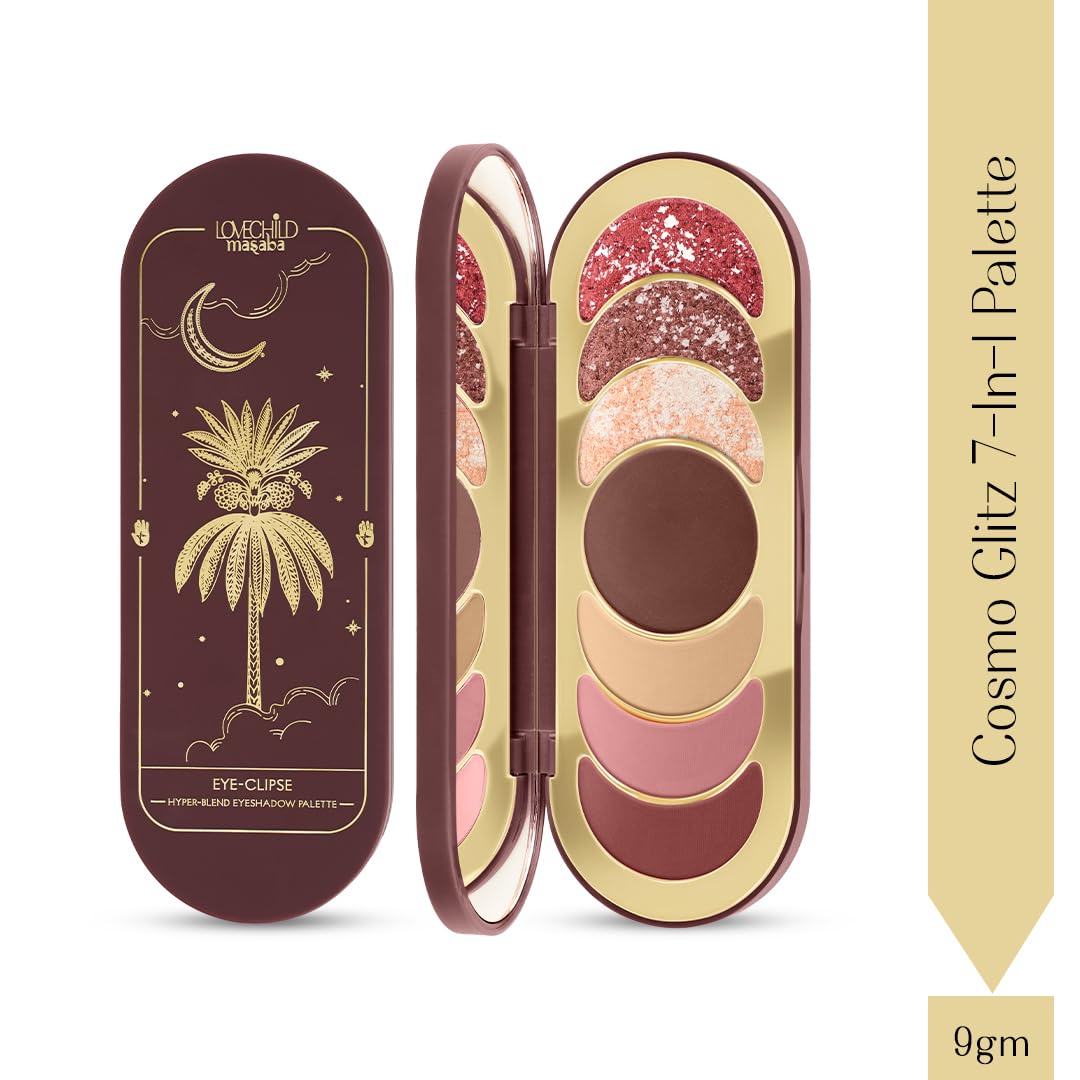 Lovechild Masaba Hyper-Blend Eyeshadow Palette,7-In-1 Matte & Shimmer Colors(Cosmo Glitz),Intense Pigment,Blendable,Infused With Vitamin E & Jojoba Oil,Travel Friendly Eye Makeup,11 G,Multicolour