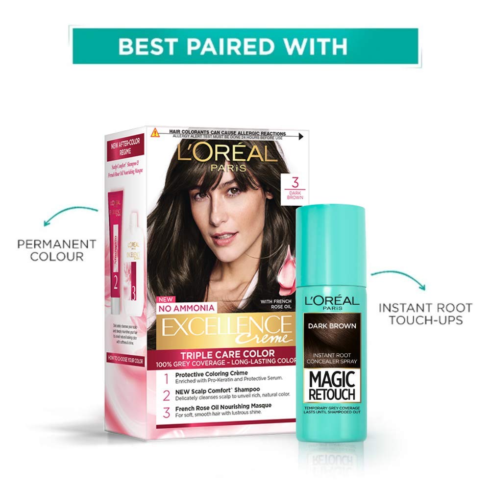 L’Oréal Paris Magic Retouch Root Touch-Up Spray, Dark Brown (75Ml) With Excellence Crème Hair Colour, 3 Dark Brown (72Ml+100G) - Pack Of 2