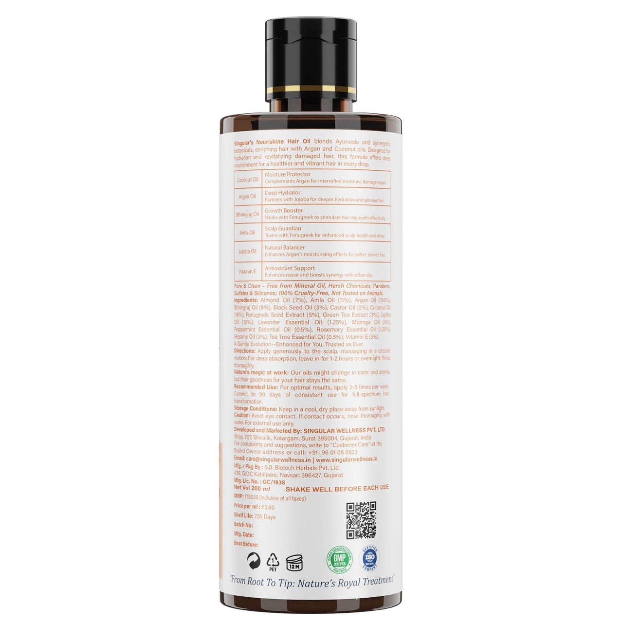 Singular Nourishine Hair Oil | Lightweight & Non-Greasy | Argan & Jojoba Oil for Dry, Frizzy & Low Porosity Hair | Cold-Pressed with Bhringraj, Coconut, Amla & Vitamin E – 200ml