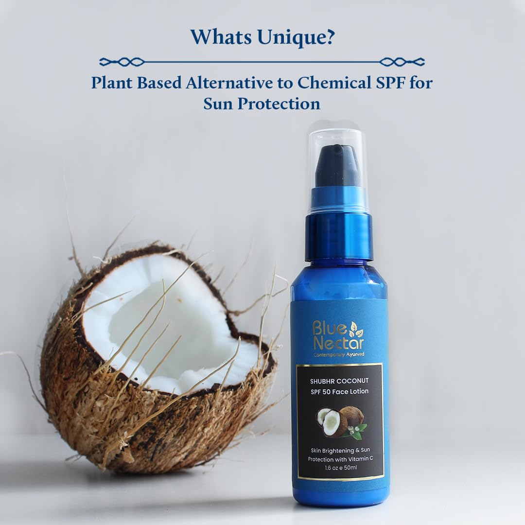 Blue Nectar Coconut Sunscreen SPF 50 Lotion | No White Cast, Plant Based Sunscreen with Vitamin C for Skin Brightening (18 Herbs, 50ml)