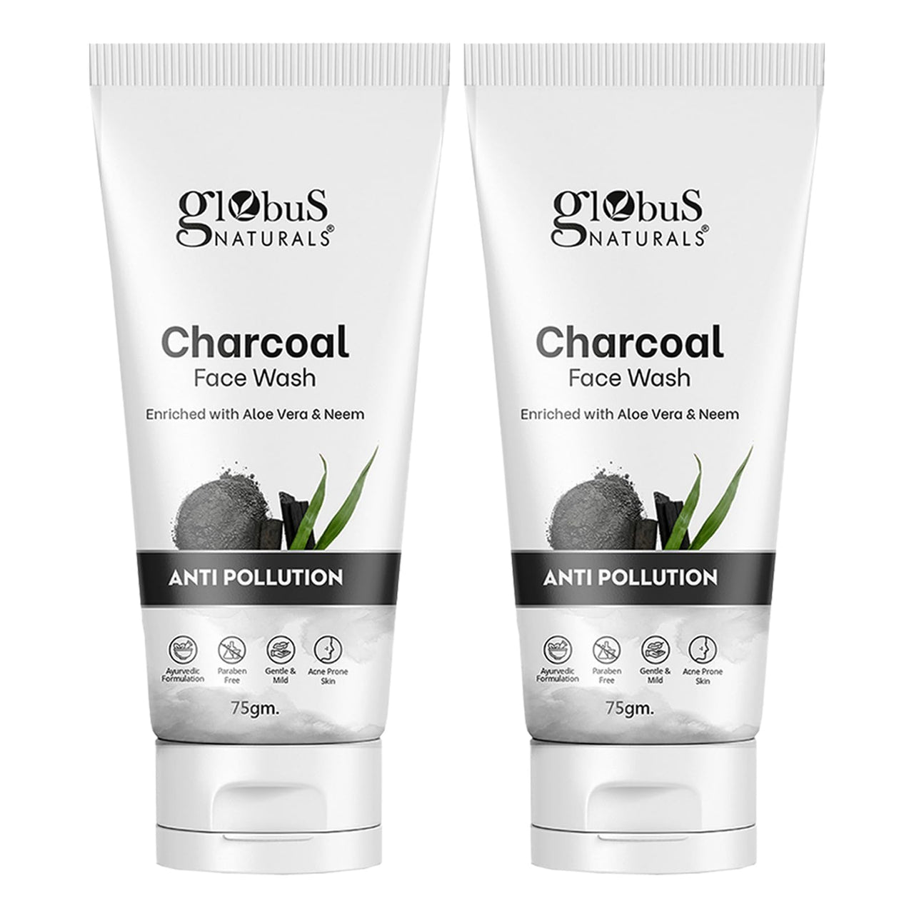 Globus Naturals Anti Pollution Charcoal Face Wash, Enriched with Tea Tree Oil, For Oily & Acne Prone Skin, 75 gm (Pack of 2)