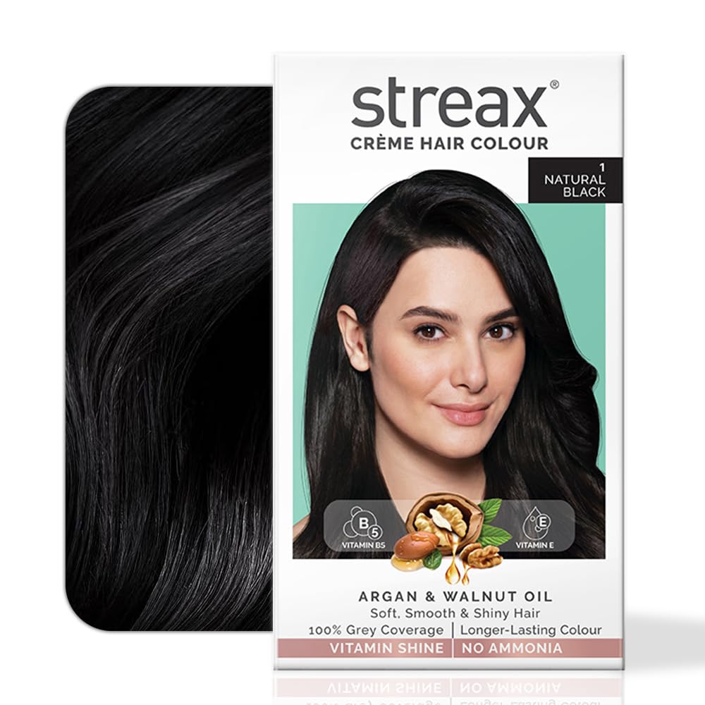 Streax Crème Permanent Hair Colour - 1 Natural Black Hair Colour- 140 ml, 100% Grey coverage, Ammonia Free Hair Color, Long Lasting Hair colour for women(Colourant Tube 60g,Developer Bottle 60ml,Conditioner 20g)