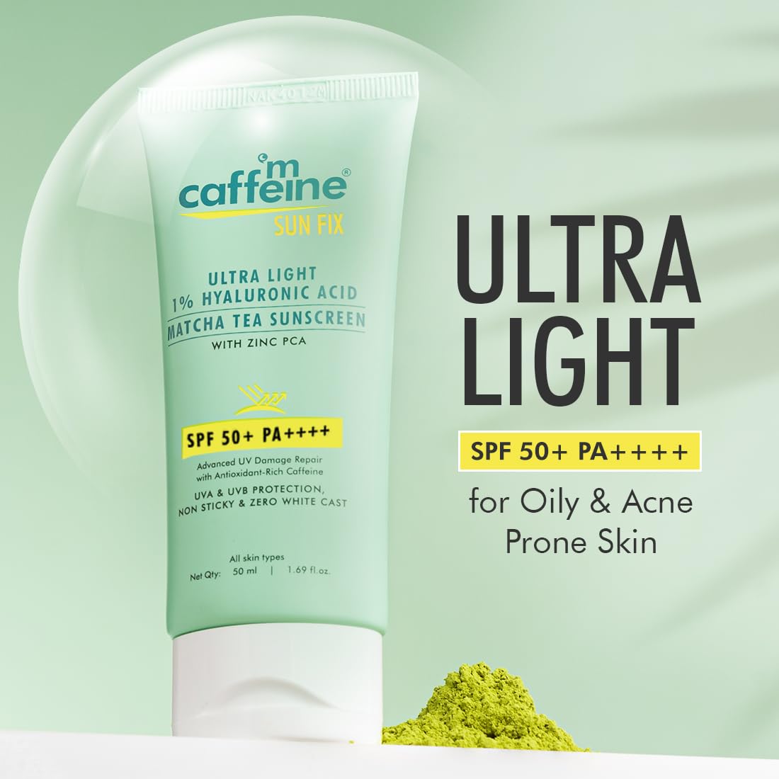mcaffeine Sun Fix Ultra Light 1% Hyaluronic Acid Matcha Tea Sunscreen for All Skin Type Spf 50+ & Pa++++ Uva-Uvb & Blue Light Protection|No White Cast|Controls Oil|Non-Sticky|Fragrance Free - 50Ml