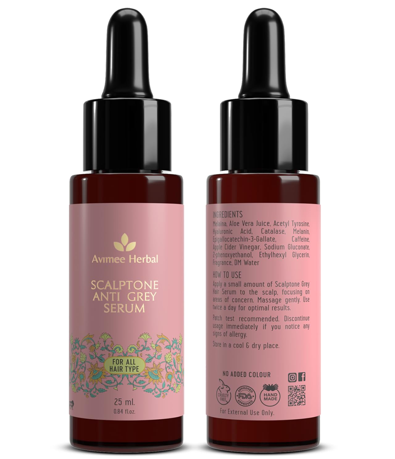 Avimee Herbal Scalptone Grey Hair Serum with Hyaluronic Acid & Caffeine | Toxin Free | Light-weight, Non-sticky & Odourless formula | For All hair types | 25 ml