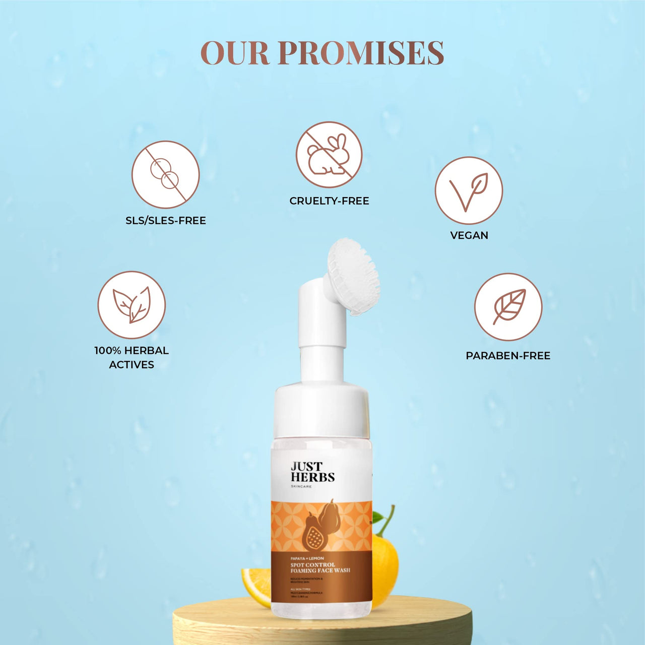 Just Herbs Brightening Foaming Face Wash With Vitamin C, Papaya and Lemon for Dark spot Reduction and Clear Skin - 100ml