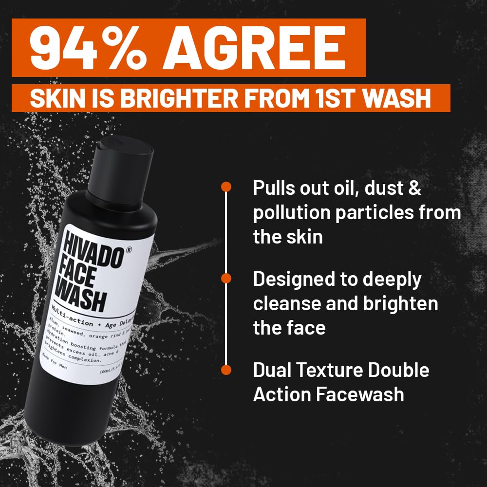 Hivado Face Wash for Men | Deep Cleanse & Oil Control | Fights Acne, Pimples & Blackheads | Brightens & Refreshes Skin | Alum, Orange Extract, Barley Protein & Seaweed | Sulfate-Free | 100ml