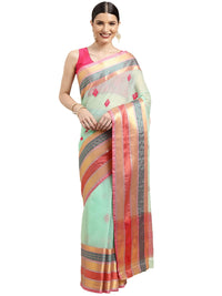 leeza store Women's  Jacquard Dobby Butta Butti Rich Kota Doria Cotton Silk Saree With Blouse Piece Green