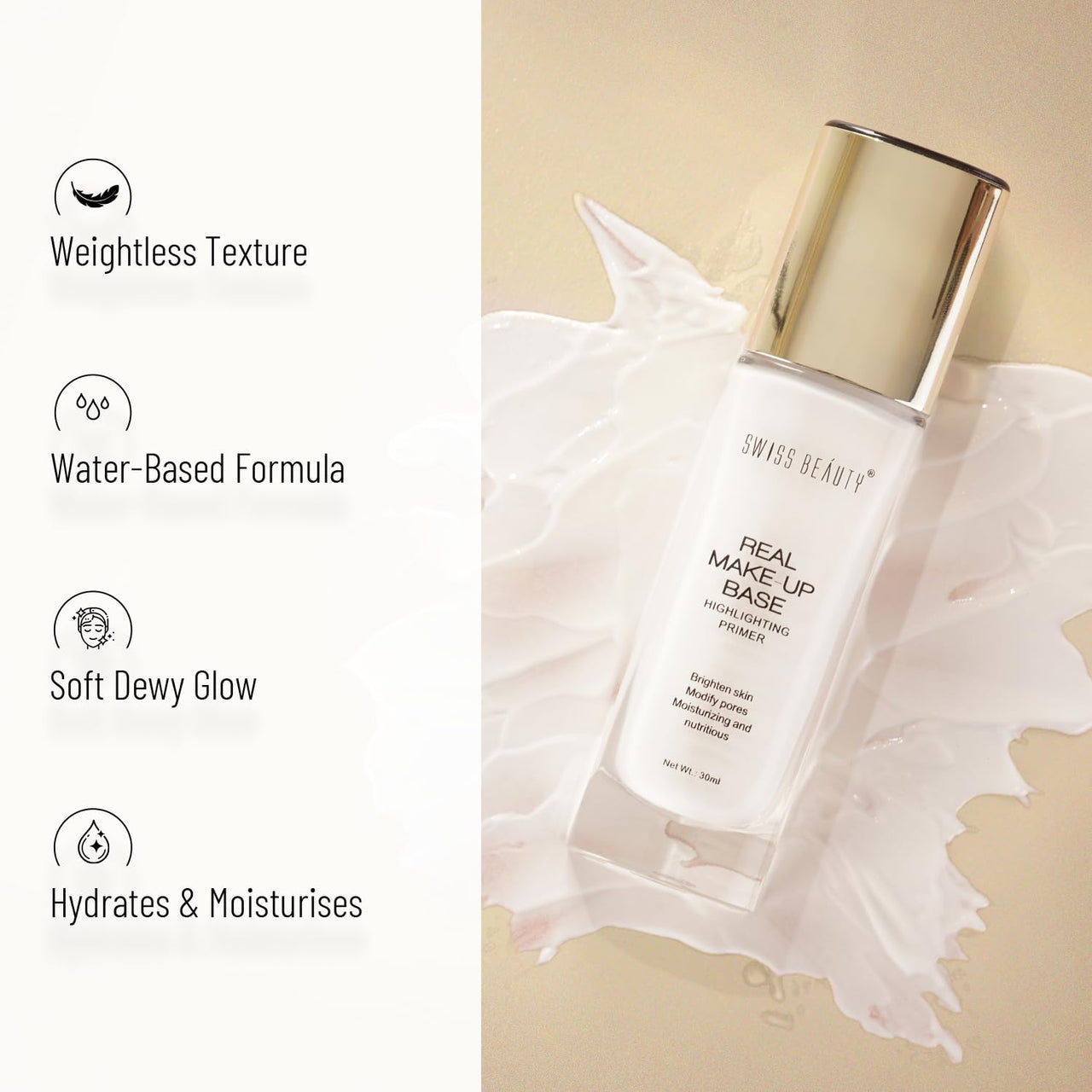 Swiss Beauty Real Makeup Base Highlighting Primer| Skin-Hydrating Poreless Primer With Natural Glow Finish For Face Makeup |Shade - Natural Tint, 32Ml