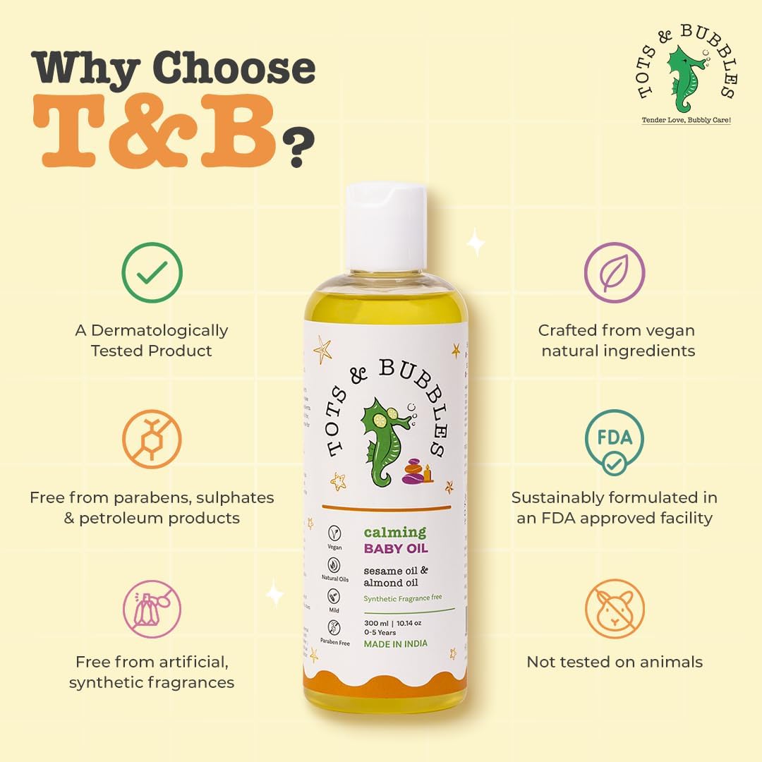 Tots & Bubbles Calming Baby Massage Oil with Sweet Almond & Olive Oil - 300 ml | Enriched with of Shea butter, Lavender & Mustard | Gentle on the skin, Free from Harmful Chemicals, No Artificial Scent