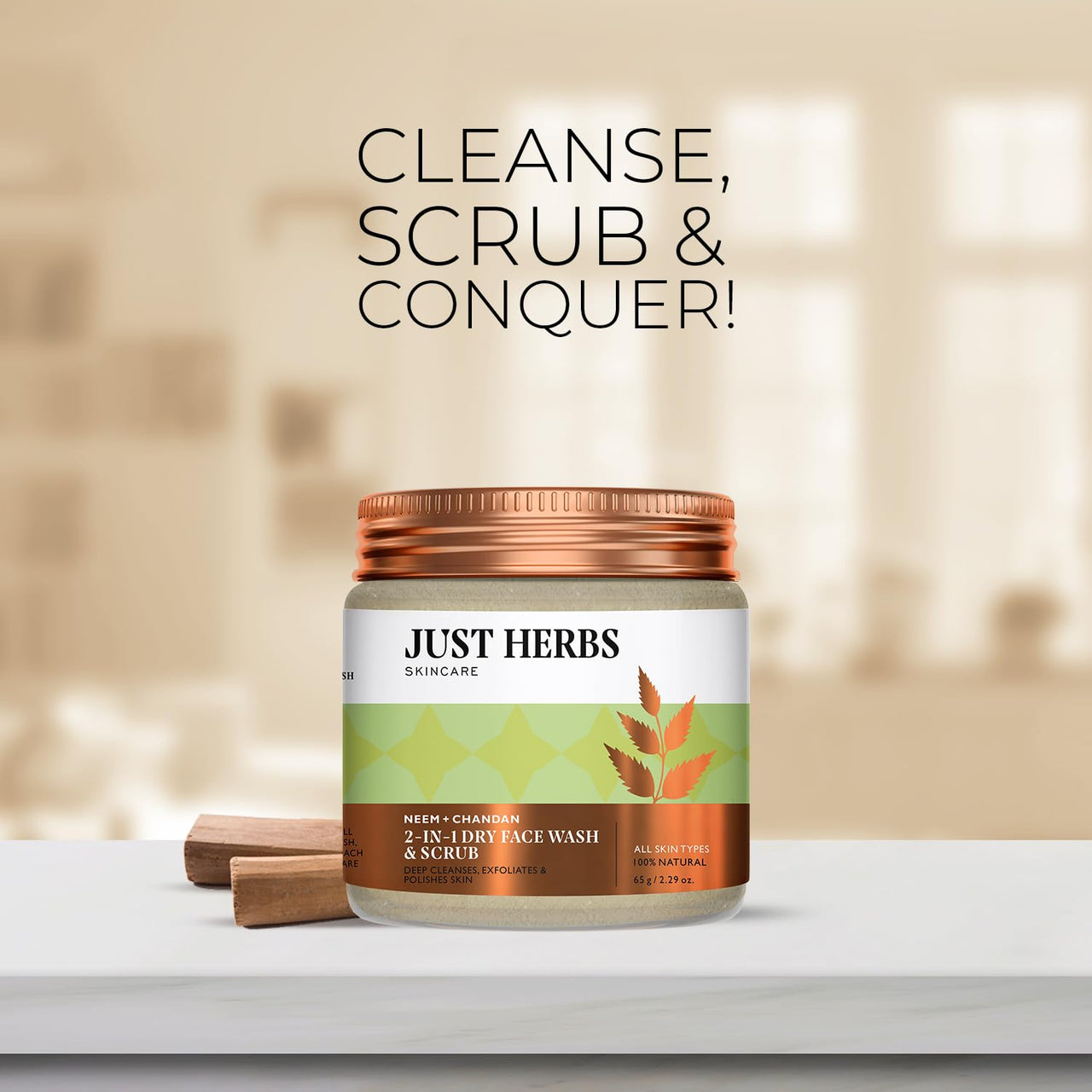Just Herbs Ayurvedic Aglow Neem-Chandan 2 in 1 Dry Face Wash Skin Purifying Face Cleansing Powder, 100% Natural & Certified Ayurvedic, 65 GM