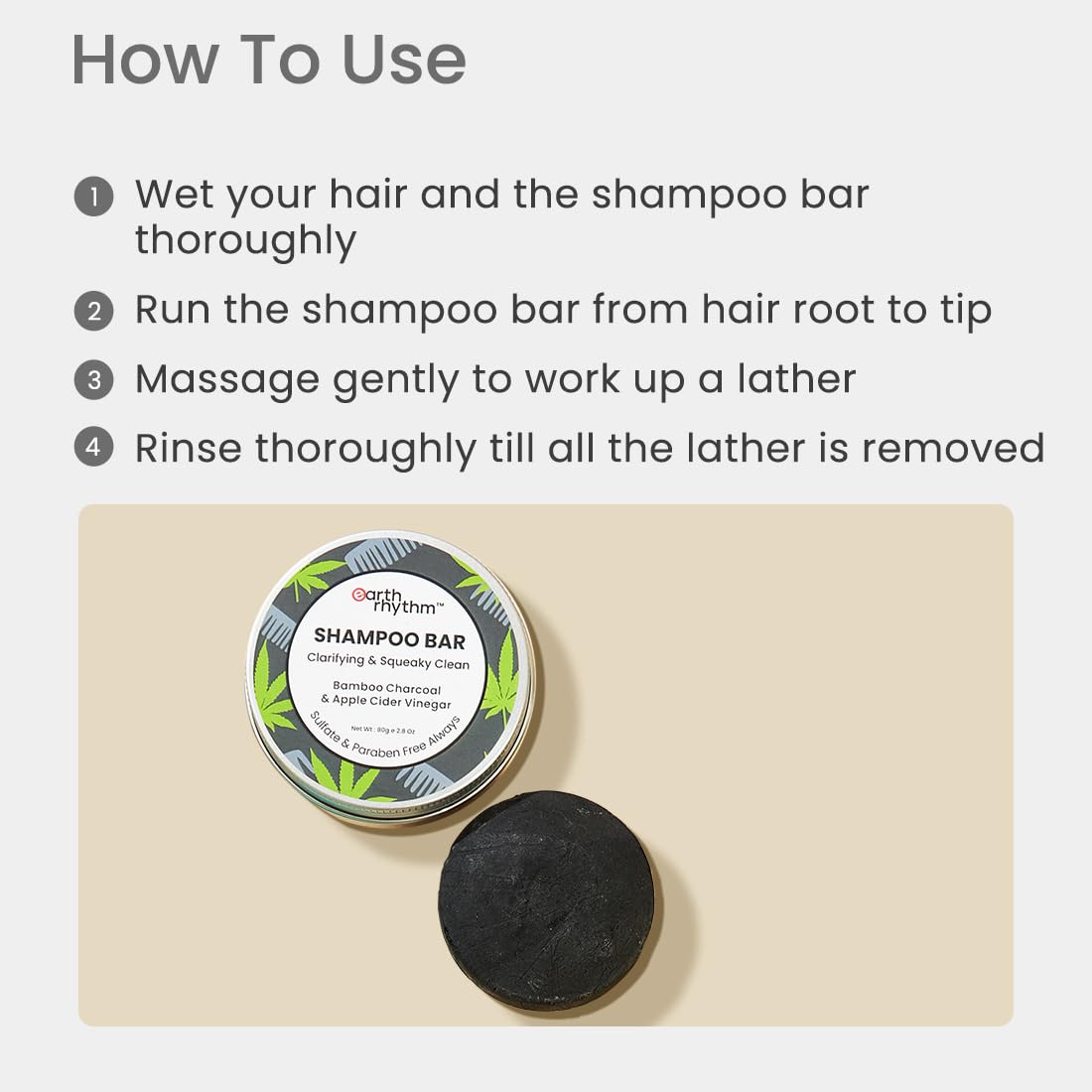 Earth Rhythm Charcoal Shampoo Bar | Clarify scalp, Strengthen Roots, Revitalise Hair | Sulphate & Paraben Free, Plastic Free, Tin Packaging - 80g