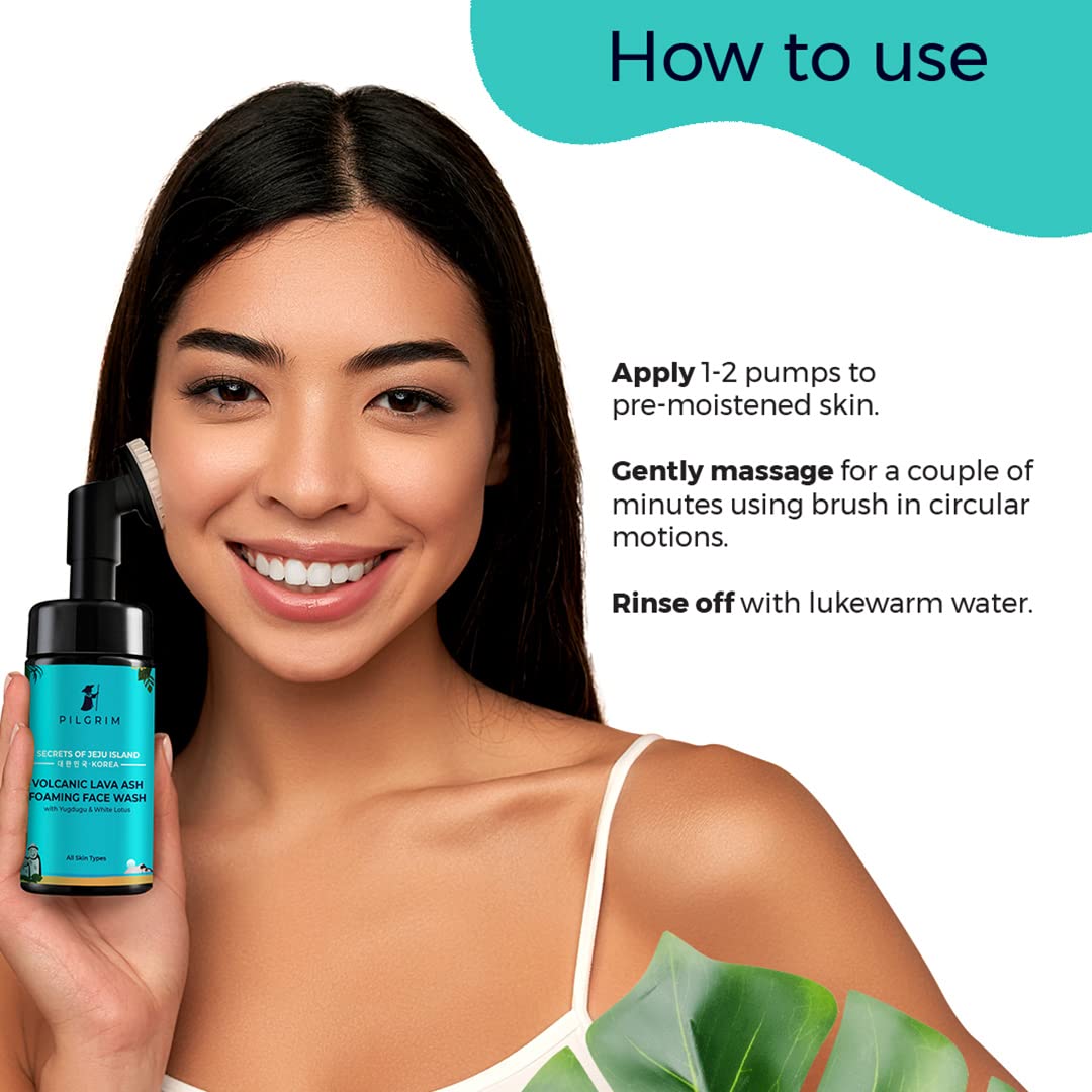 Pilgrim Korean Volcanic Lava Ash Foaming Face Wash with Built In Brush for Deep Cleansing | Korean Skin Care Products | 100% Safe on All Skin Types | For Men & Women | SLS & Paraben Free | 120 ml