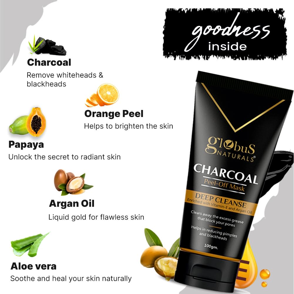 Globus Naturals Anti Pollution & Anti Acne Charcoal Peel Off Mask, Detoxifying Face mask, Fights Pollution and De-Tans skin, For Women & Men with Oily & Acne Prone Skin, 100 gms, Pack Of 5