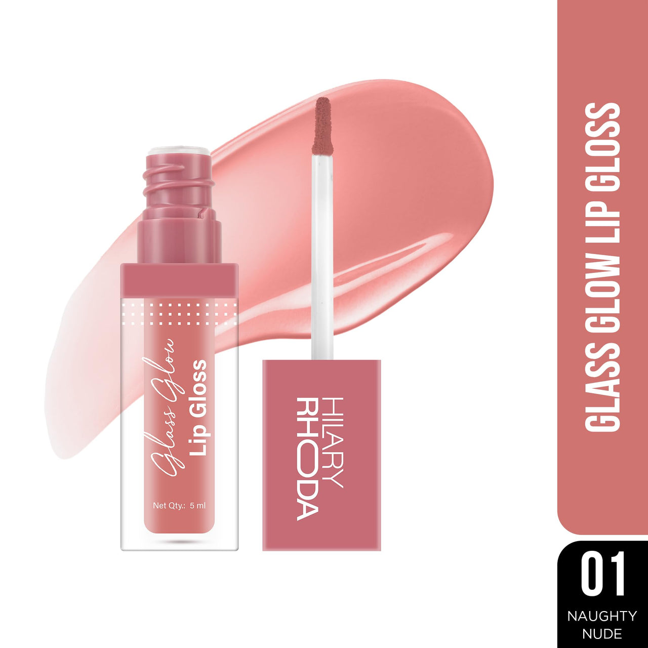 Hilary Rhoda Glass Glow Lip Gloss | Nourishing & Hydrating Lip Gloss | Sheer Coverage | High Shine | Juicy & Plump Lips | Glides on Smoothly | 5ml (Naughty Nude - Shade 01)