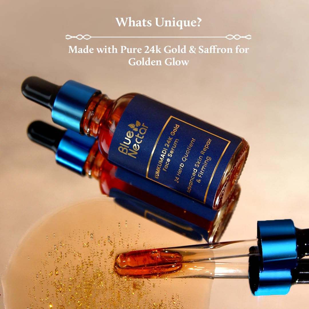 Blue Nectar 24k Gold Serum for Glowing Skin | Natural Kumkumadi Oil Serum for Face Infused with 24K Gold | Ayurvedic Face Serum for Skin Brightening and Skin Firming (24 Herbs, 10ml)