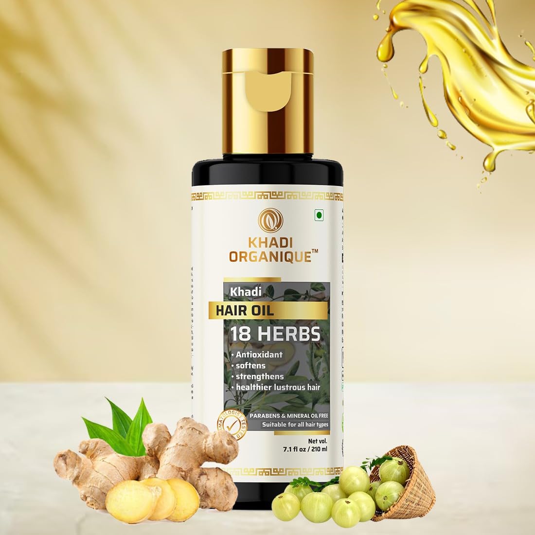 Khadi Organique 18 Herbs Herbal Hair Oil to Repair Dry Scalp | Softens Hair, Prevents Dandruff, Dandruff & Hair Growth | Natural & Non-Sticky Formula | Paraben & Sulphate Free Formula for Women & Men - 210ml