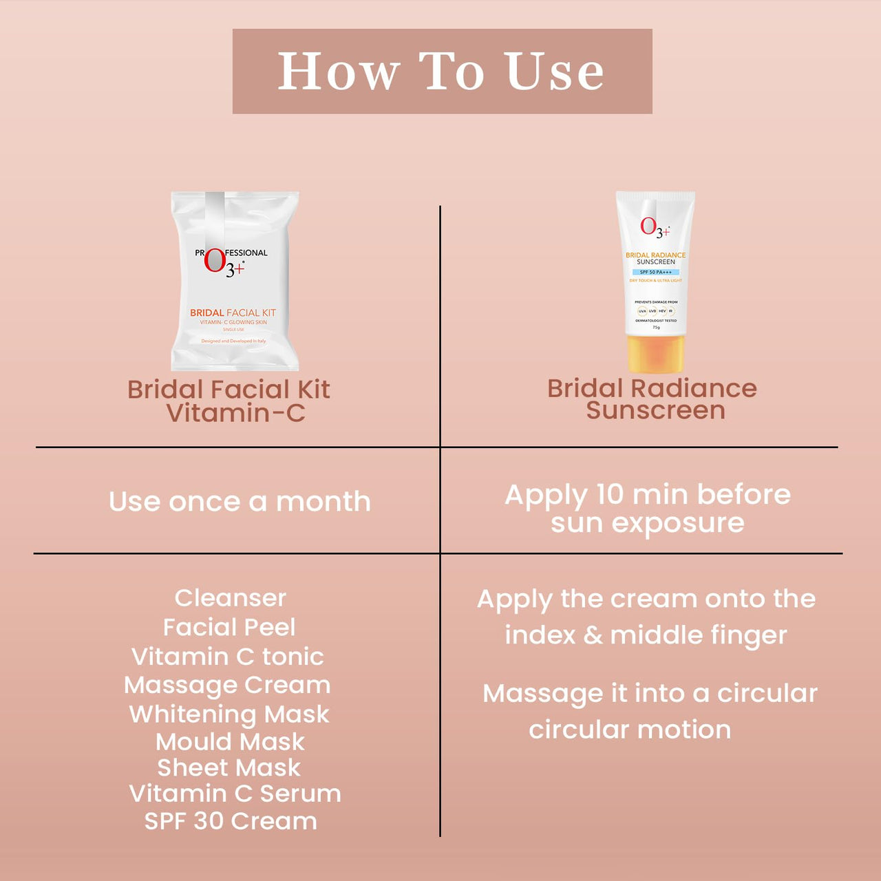 O3+ Radiance Skincare Combo With Bridal Facial Kit Vitamin C Glowing Skin 136g & UVA UVB Ultra Light Sunscreen With SPF50 PA+++ 75g |All Skin Type