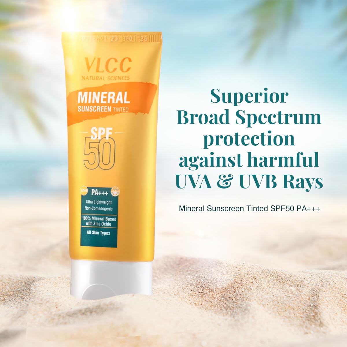 VLCC Mineral Sunscreen Tinted Spf 50 PA+++ Ultra Lightweight Non-Comedogenic | Lightweight, Anti Tan Sunscreen| Zinc Oxide Sunscreen | UVA 7 UVB Protection | Tinted Sunscreen For All Skin Types (50 g)