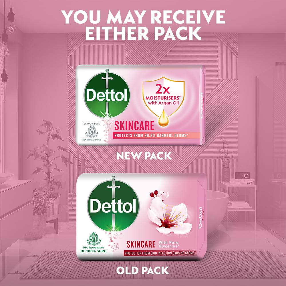 Dettol Skincare Moisturizing Beauty Bathing Soap Bar with Argan Oil (400gm) | Softer Skin, 100gm, Pack of 8