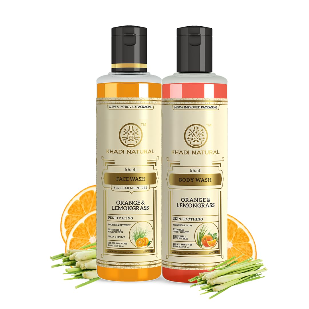 Khadi Natural Orange & Lemongrass Combo (Face Wash & Body Wash| Detoxifies and cleanses skin|Regulates oil production|SLS & Paraben free|210 ml each