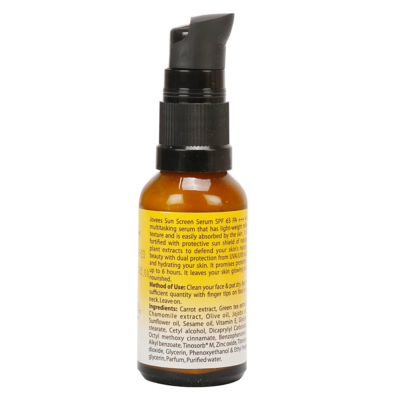 Jovees Sunscreen Face Serum SPF 65 PA+++ Broad spectrum Sun protection with Green tea, Carrot and Sunflower extract | Lightweight & Oil Free | For Oily & Acne Prone Skin 30ml