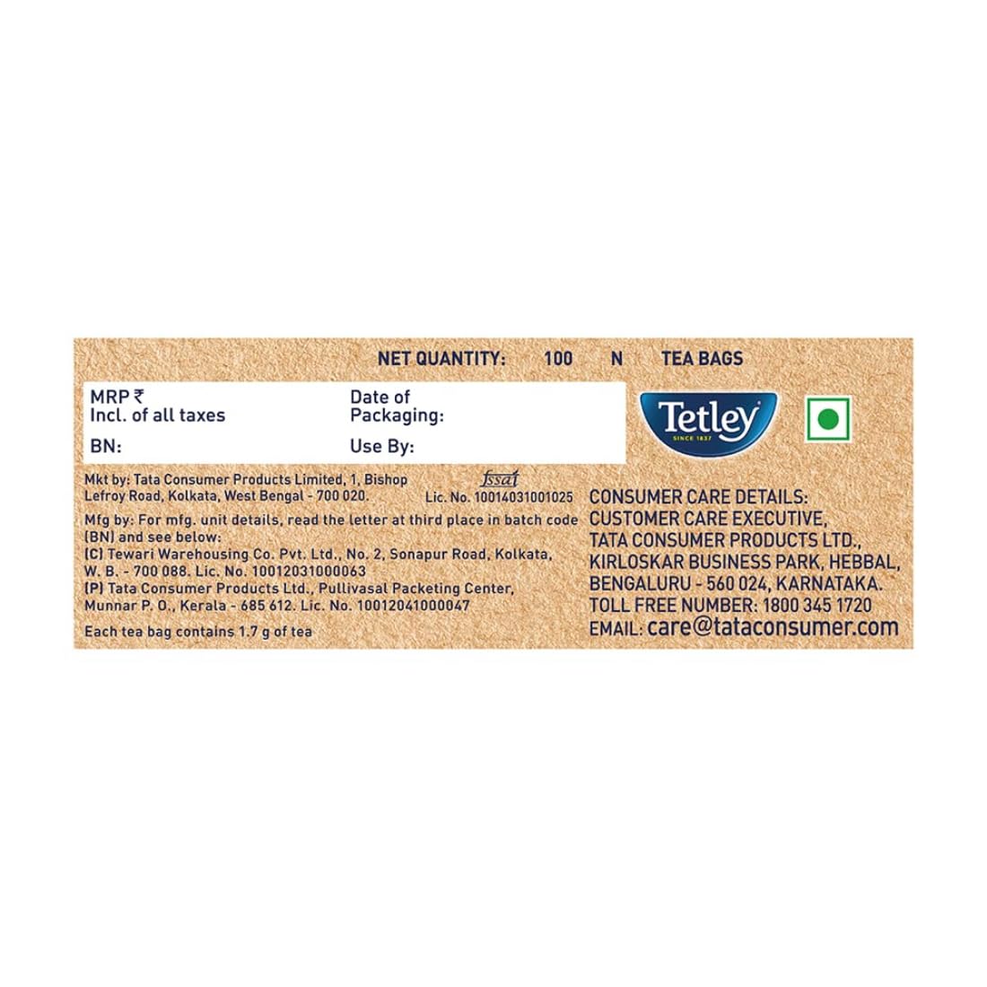 Tetley Original 100 Tea Bags, Rich Taste of Assam Tea, 1.7g Each