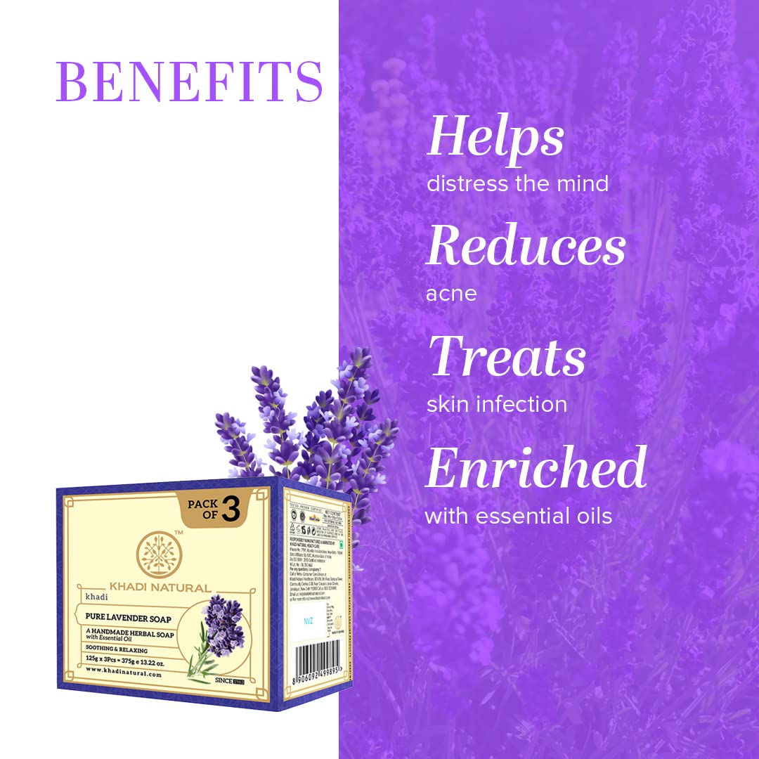 Khadi Natural Lavender Soap | Herbal Bathing Soap for Healthy Skin | Natural Soap with Essential Oils | Soap for relieving stress | Suitable for All Skin Types|Pack of 3 |125gm *3) (375gm)