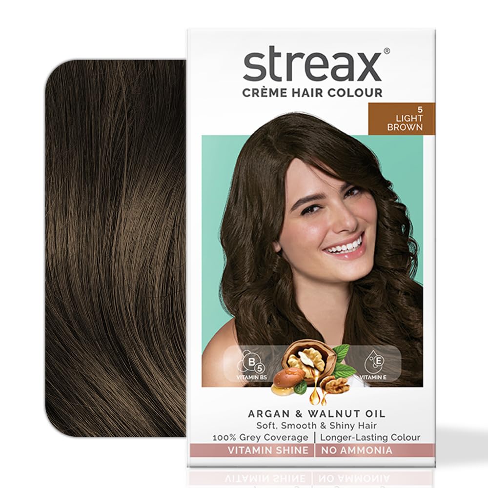 Streax Crème Permanent Hair Colour - 5 Light Brown Hair Color- 140 ml, 100% Grey coverage, Ammonia Free Hair Color, Long Lasting Hair colour for women(Colourant Tube 60g,Developer Bottle 60ml,Conditioner 20g)