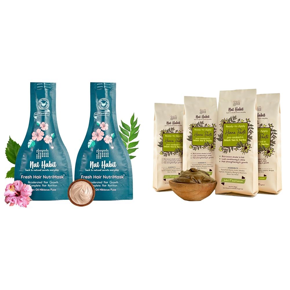 Nat Habit Five Oil Hibiscus NutriMask-Hair Mask For all Hair & Scalp Types (Pack of 2 x 40 gm) and Nat Habit Henna Paste, 100% Natural Rajasthani Henna - (Pack of 4 x 220g)
