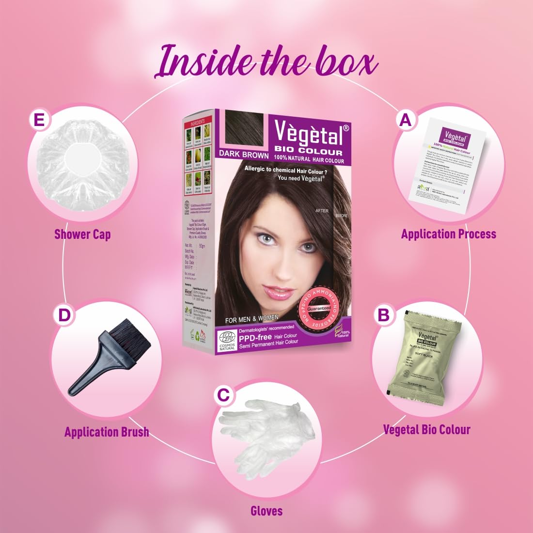 Vegetal Bio Hair Colour - Dark Brown 50g Achieve Natural, Ammonia-Free Hair Color PPD-Free, 100% Herbal Certified Organic for Men and Women UV Protection and Luster Maintenance Complete Kit