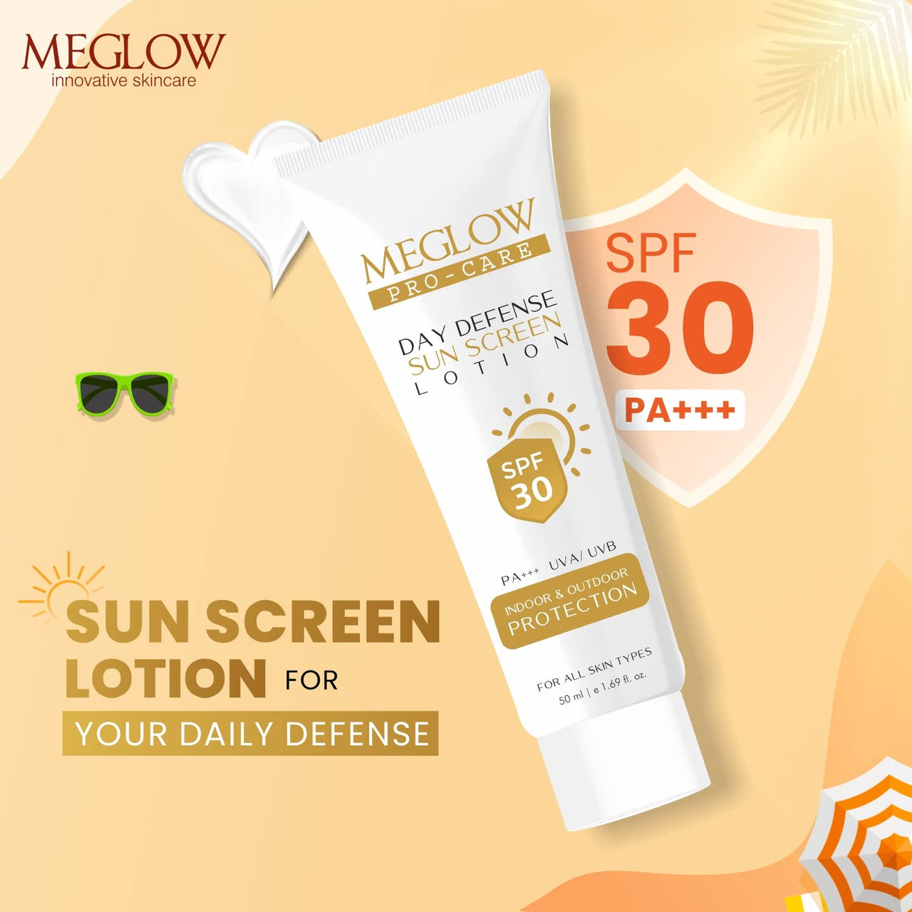 Meglow Skincare Combo Pack of 2 - Meglow Pro-Care Day Defense Sunscreen lotion with-SPF 30 PA+++ with Meglow BB+ Cream | Sun Protection & Everyday Makeup Look | For All Skin Types