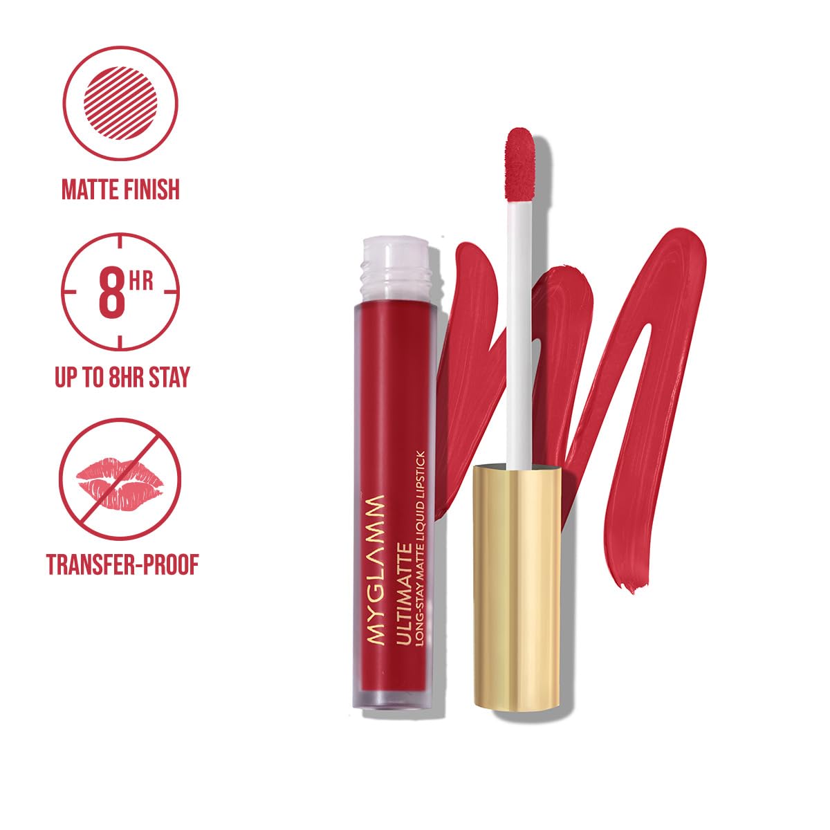 MyGlamm Ultimatte Long Stay Matte Liquid Lipstick-Scarlet Queen-2.5 g | Red Lipstick With Vitamin E | 8hr Long Lasting Lipstick | No-Smudge, Waterproof Formula | Vegan & Cruelty Free