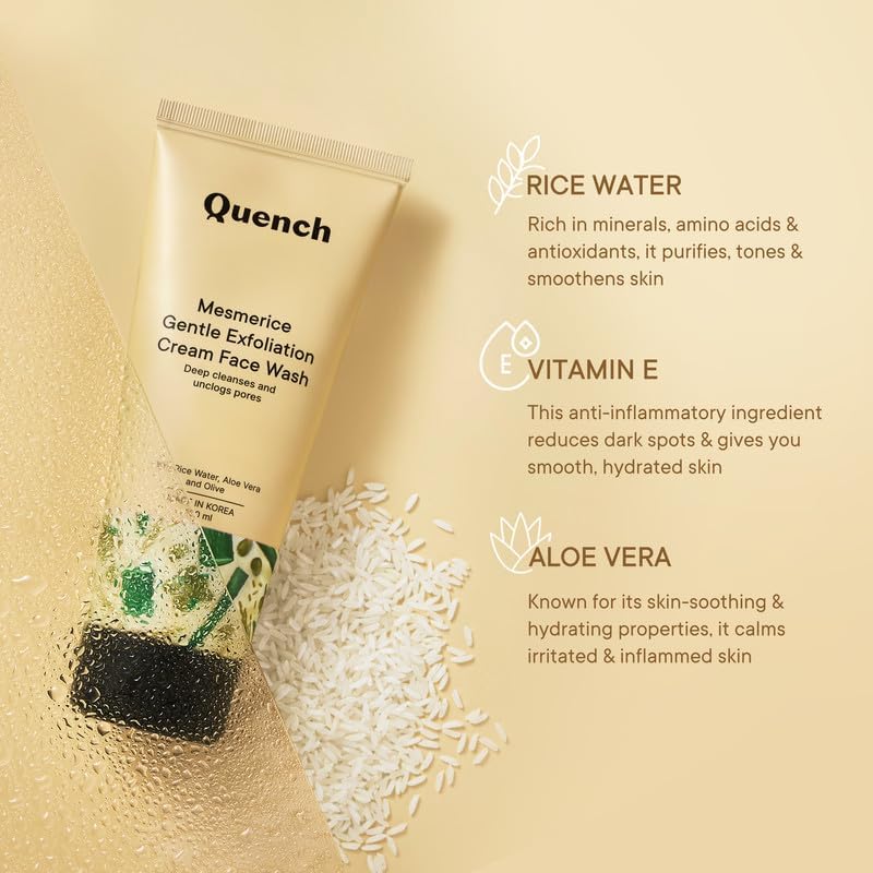 QUENCH BOTANICS Rice Water Gentle Exfoliation Cream Face Wash | Korean Face Wash for Glowing Skin | Brightens & Hydrates Skin with Aloe Vera & Vitamin E | Made in Korea (100ml)