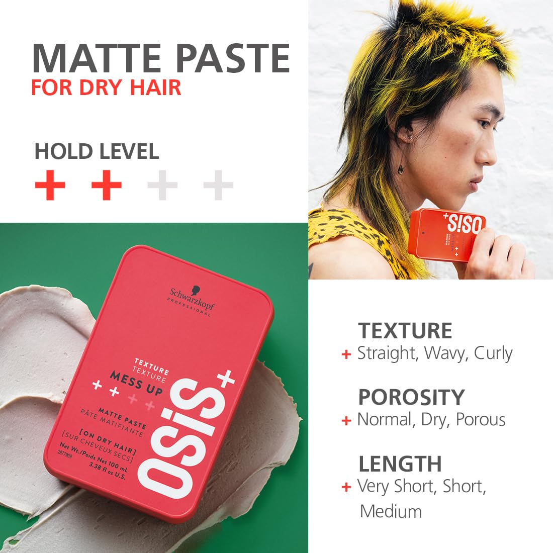 Schwarzkopf Professional OSiS+ Mess Up Matte Paste | Hair Styling Pomade for Men & Women | Medium Hold, Dry Texture & Non-Greasy Matte Finish | Easy to Apply, Mould & Wash | Vegan Formula (100 ML)