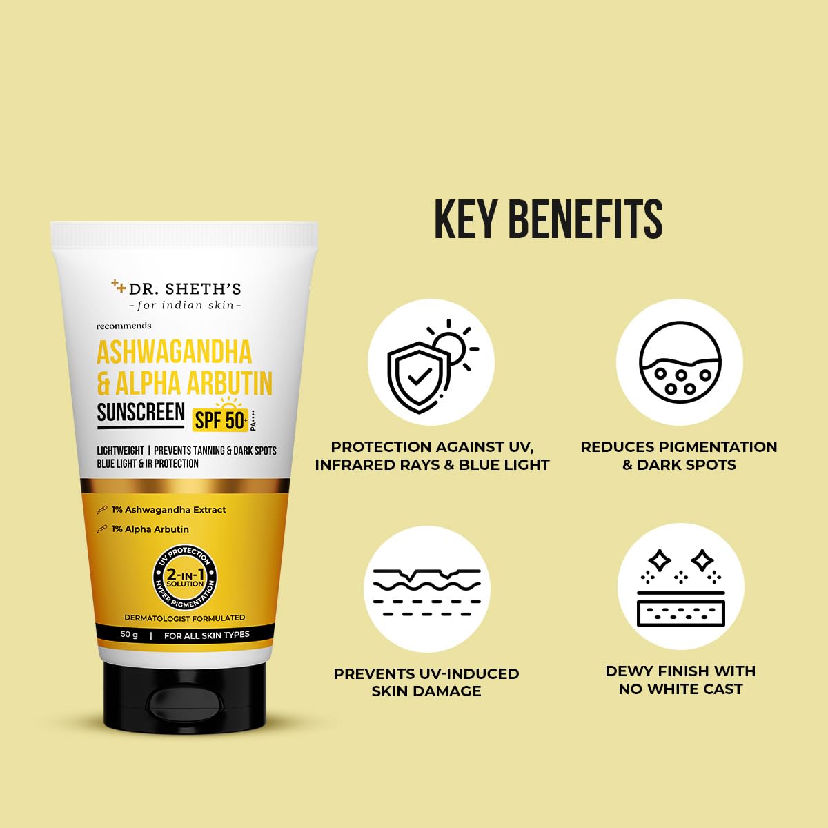 Dr. Sheth's Ashwagandha & Alpha Arbutin Sunscreen SPF 50+ PA++++ | 2 in 1 Solution for Hyper Pigmentation and UV Protection | Anti Tan & Dark Spots | 50g For All Skin Type