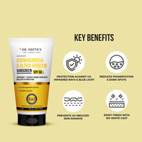 Dr. Sheth's Ashwagandha & Alpha Arbutin Sunscreen SPF 50+ PA++++ | 2 in 1 Solution for Hyper Pigmentation and UV Protection | Anti Tan & Dark Spots | 50g For All Skin Type