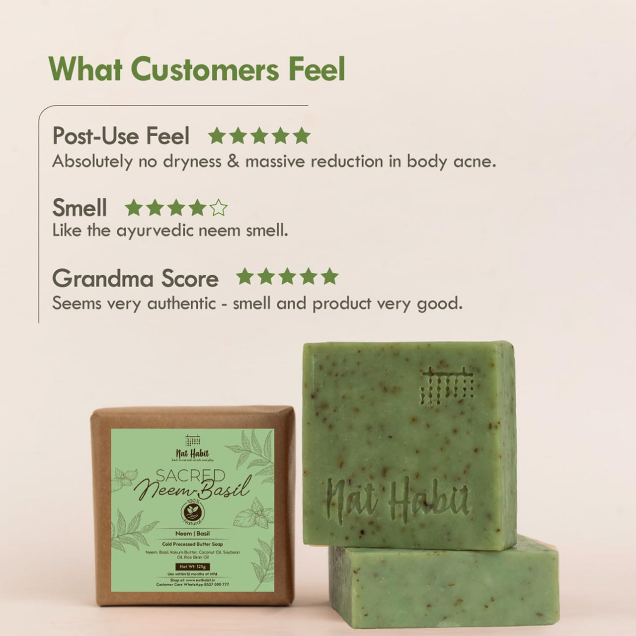 Nat Habit Cold Processed Sacred Neem-Basil Butter Bath Soap- Antibacterial For Soothing, Skin Wellness, Scar Reduction & Exfoliation (Pack of 2 X125gm)
