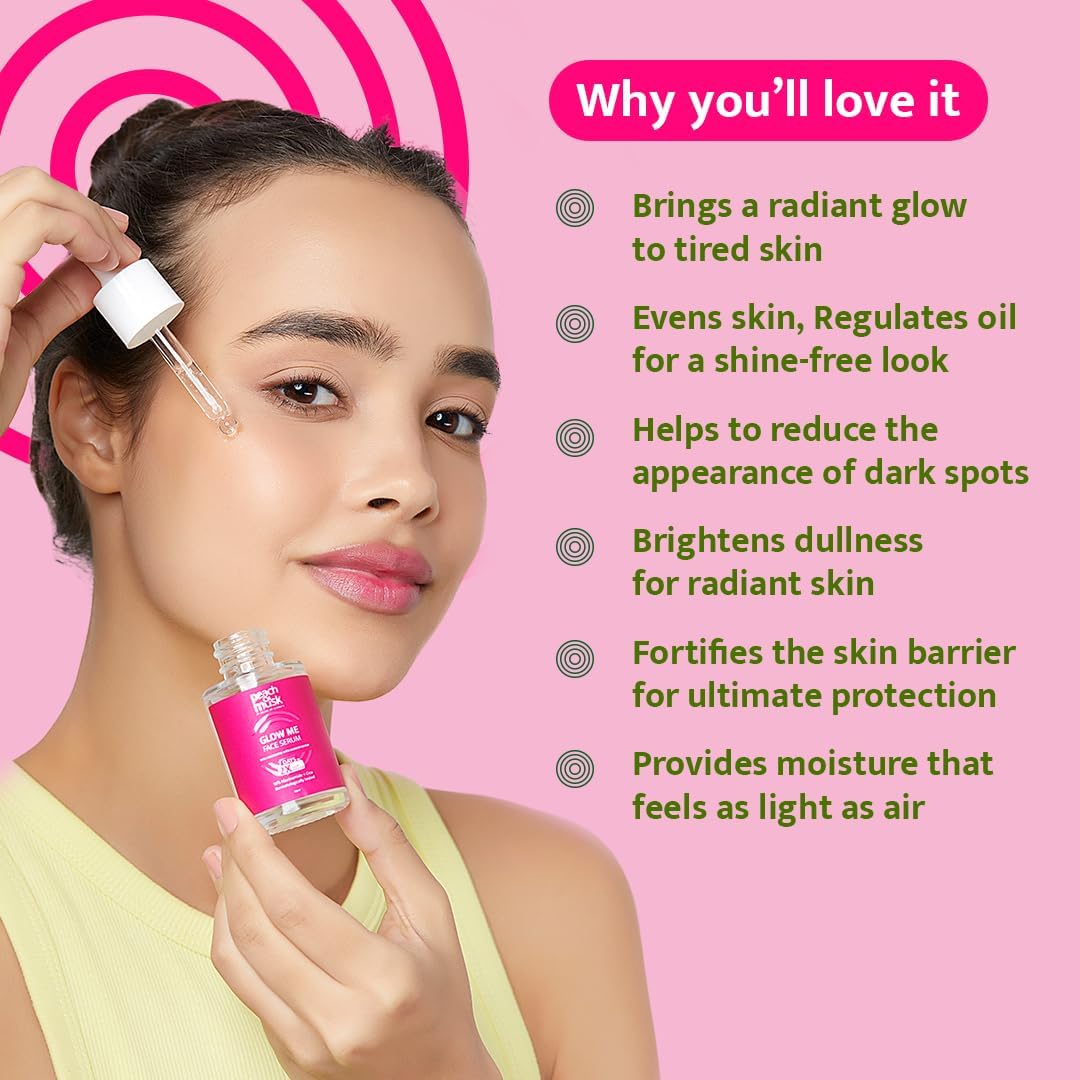 Peach and Musk Glow Me Face Serum with 10% Niacinamide & Alpha Arbutin, 2X Glow Booster, Repairs Skin Barrier, Reduces Pigmentation, Dark Spots, Blemishes & Pore Care for All Skin Types - 30ml
