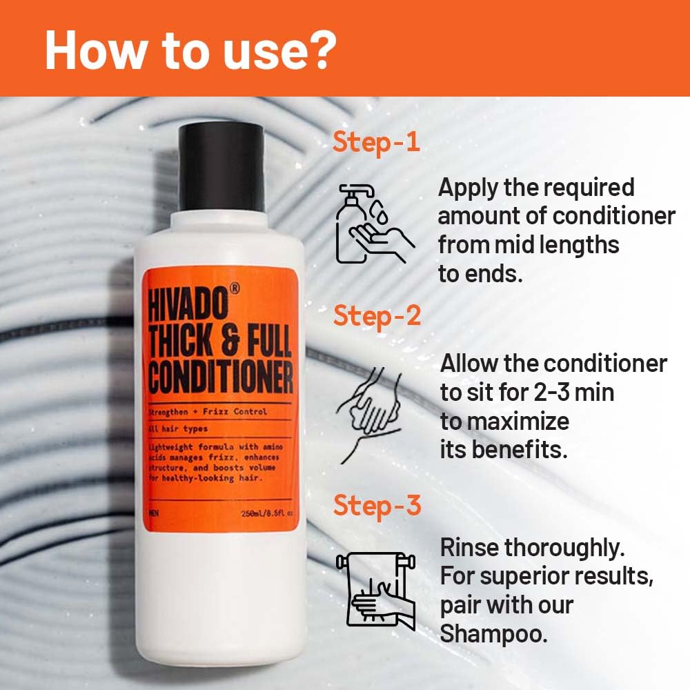 Hivado Thick and Full Conditioner for Men| Lightweight Volumizing, Black oats, Rosemary, Jojoba oil & hydrolysed silk protein, For Healthier looking hair, Sulfate Parabens Free (for men) 250 ml