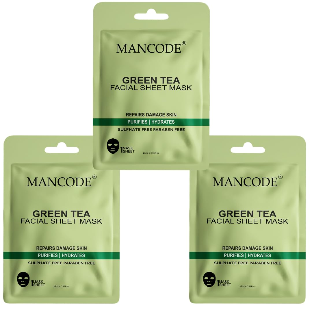 Mancode Green Tea Facial Sheet Mask 25ml Repairs Damaged Skin Purifies & Hydrates Pore Reducing, Brightening and Enhances Daily Glow | Korean Sheet Mask for Men Women Sheet Mask Set Combo Pack of 3