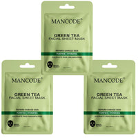 Mancode Green Tea Facial Sheet Mask 25ml Repairs Damaged Skin Purifies & Hydrates Pore Reducing, Brightening and Enhances Daily Glow | Korean Sheet Mask for Men Women Sheet Mask Set Combo Pack of 3