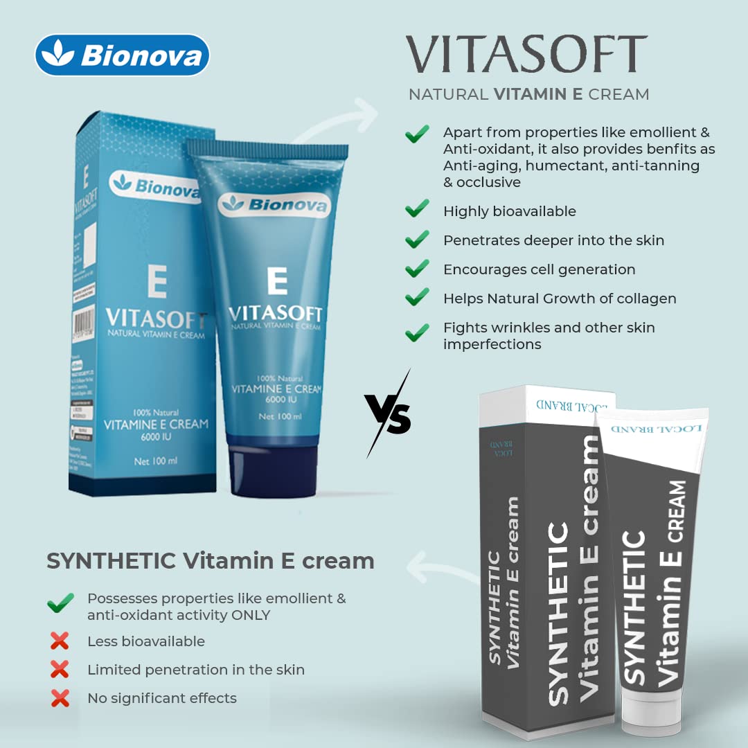 Bionova Vitasoft E Anti-Aging & Skin Brightening Cream with Vitamin E - 100ml | Natural Vitamin E Cream | Helps To Reduce Stretch Marks, Scars, Fine Lines & Wrinkles for Men & Women (Vitasoft Cream)