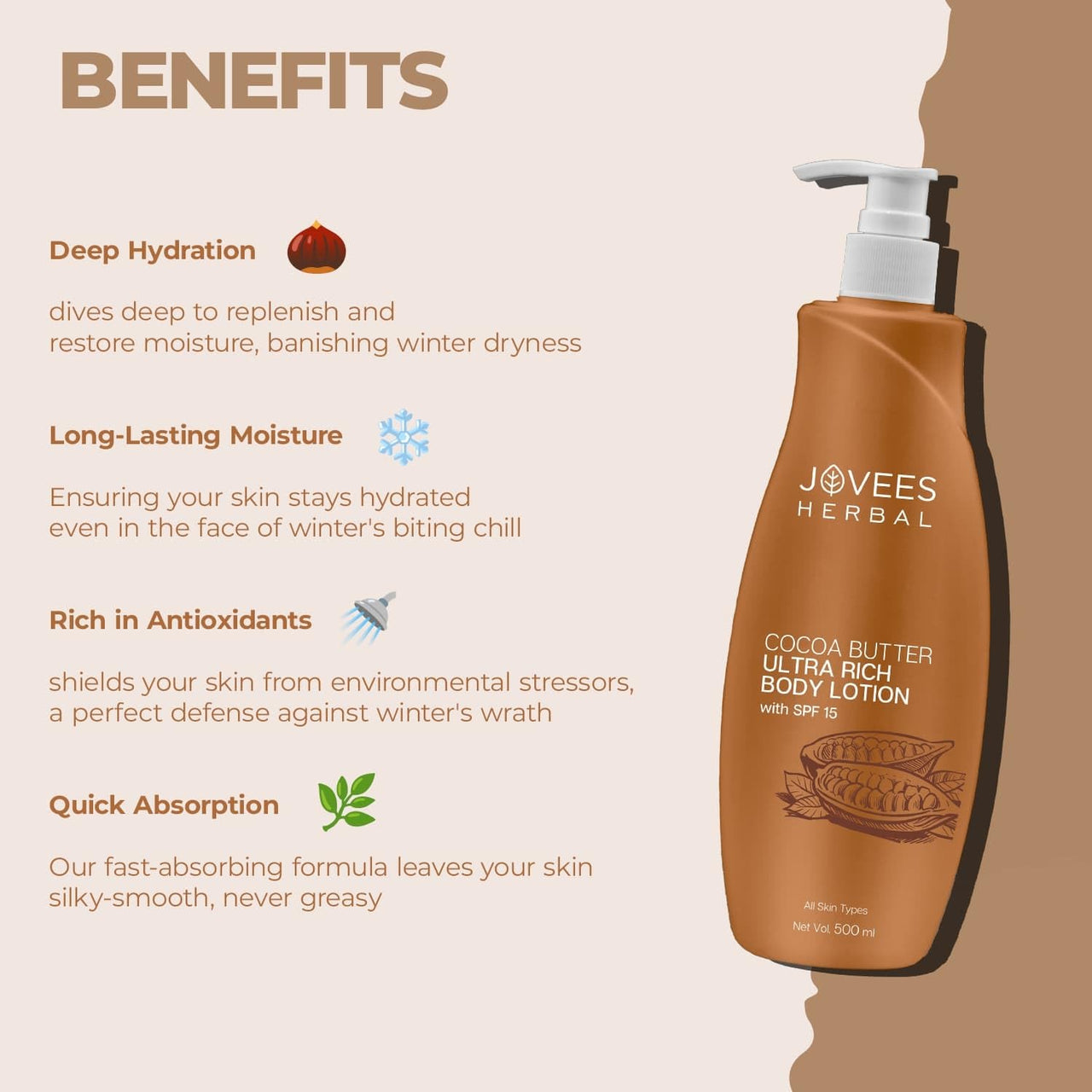Jovees Herbal Cocoa Butter Hand & Body Lotion For Hydrates & Moisturise For All Skin Types 500ml