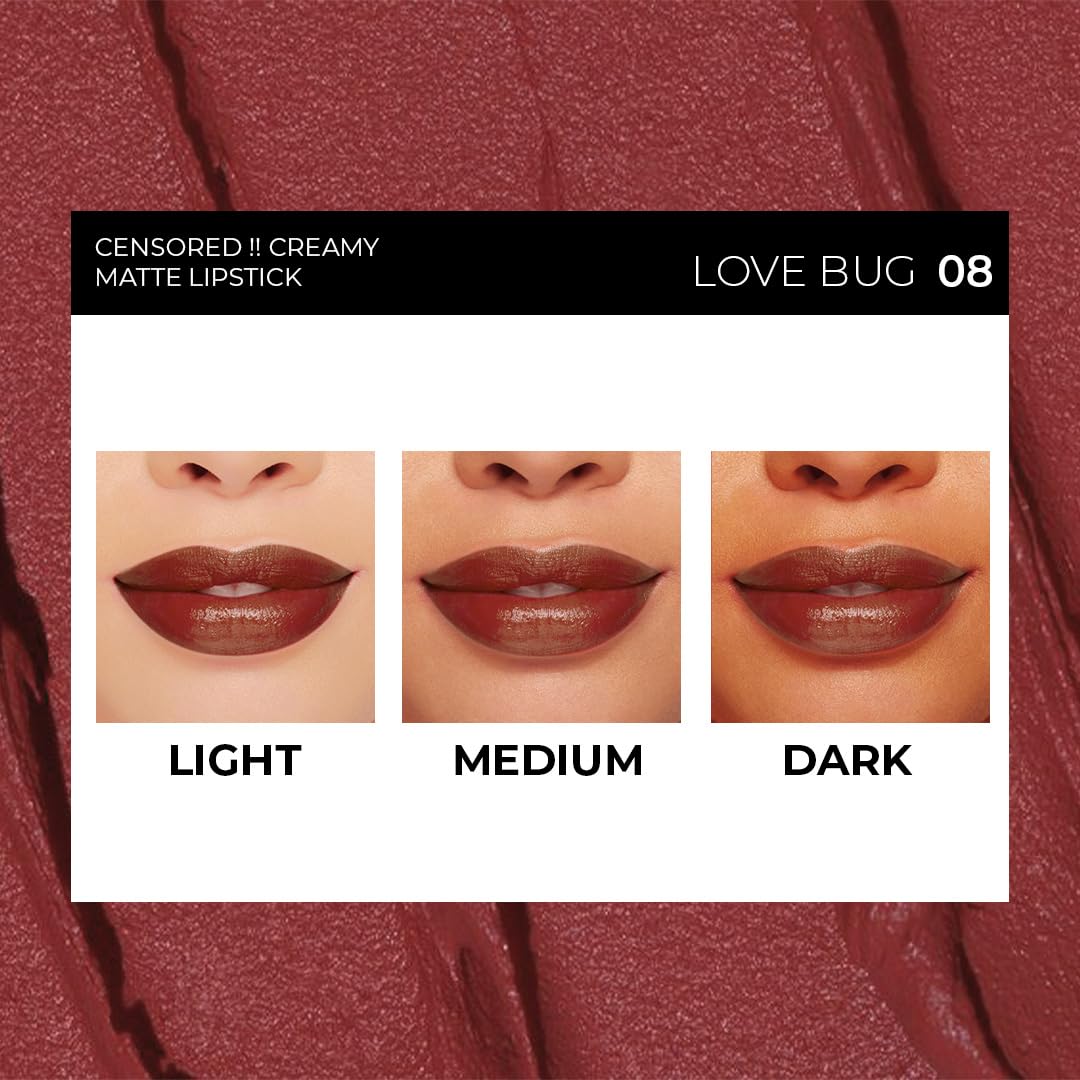 SOKU Censored Matte Long Lasting Lipstick for Women | Creamy Lipstick | Enriched with Jojoba Oil | Moisturising & Waterproof | Smooth Finish & Lightweight (Love Bug 08) - 4.2g