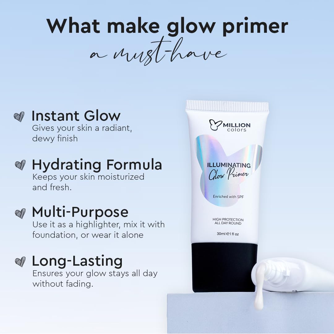 Million Colors Illuminating Strobe Cream for Face | Gold Strobe Cream + Primer + Face Highlighter | Hydrating Makeup Base with SPF |Infused With Niacinamide, Hyaluronic Acid, Jojoba Oil & Shea Butter for Radiant Skin 30ml