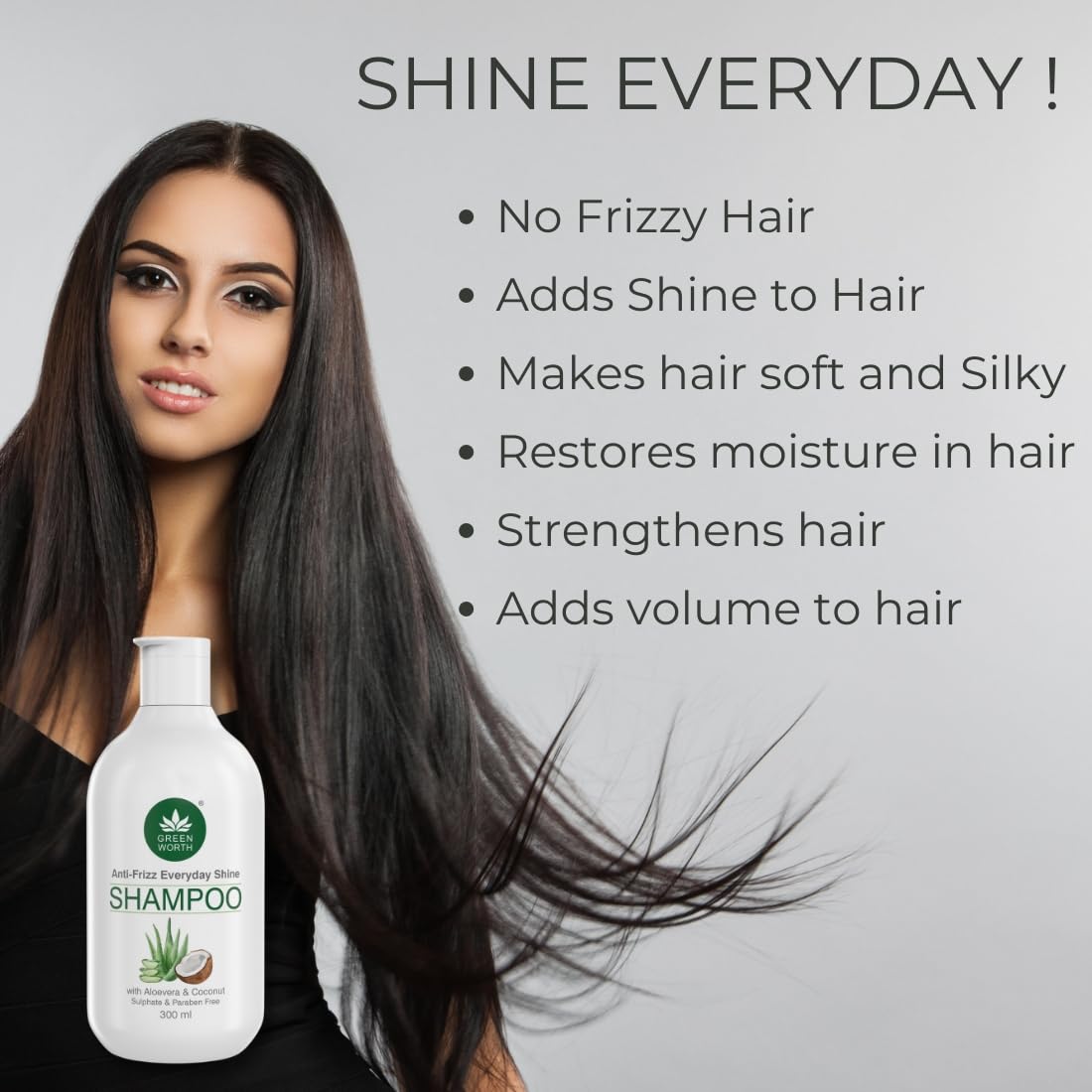 GREEN WORTH GREENWORTH Everyday Shine Anti-Frizz Shampoo For Dry Damaged Thin Hair | Sulphate Free And Paraben Free | With Aloevera & Coconut | For Unisex | Lavender & Vanilla Essential Oil | 300 Ml